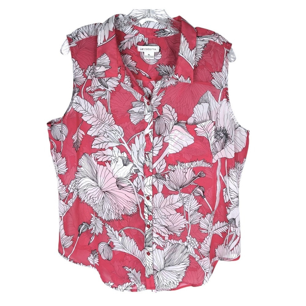 Liz Claiborne XL Sleeveless Button Shirt Carnation Pink Sheer Floral Summer Chic